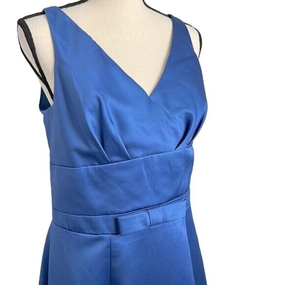Alfred Angelo Dress Formal Satin Indigo Blue Bow Waist V Neck Sleeveless Size 12 - Picture 2 of 6